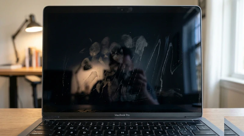 Pantalla oscura de portátil actuando como un espejo para revelar huellas dactilares grasosas y rayas de líquido