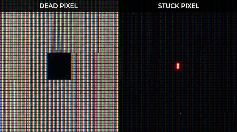 Comparación macro que muestra un píxel muerto negro y un subpíxel atascado rojo