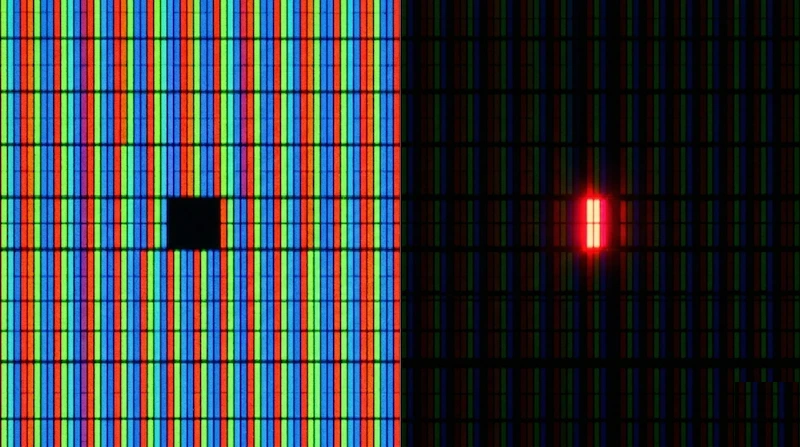 Side-by-side macro comparison: dead pixel (black dot) vs stuck red sub-pixel on IPS LCD panel