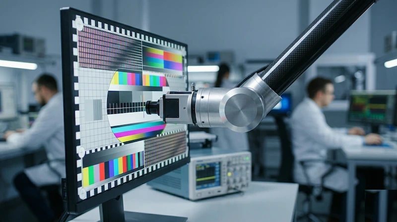 Professional hardware testing laboratory with a monitor displaying a diagnostic grid pattern