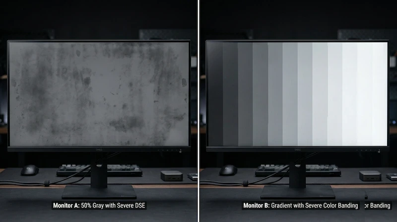 Comparison showing Dirty Screen Effect on a gray background and severe Color Banding on a gradient
