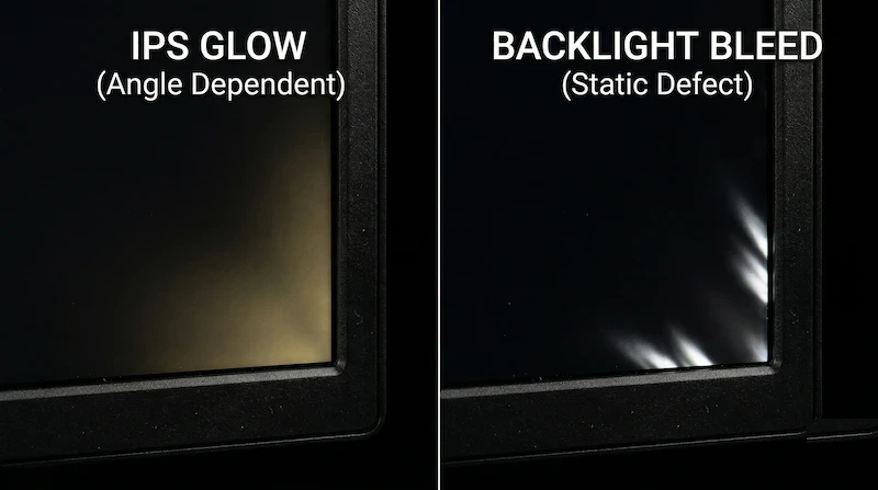 Comparison showing normal IPS Glow on the left and severe monitor Backlight Bleed on the right