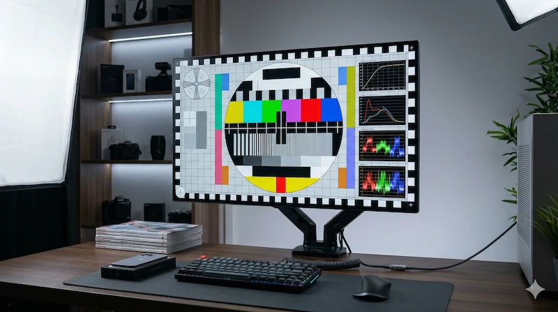 A professional monitor test environment showing diagnostic charts on a 32-inch 4K screen