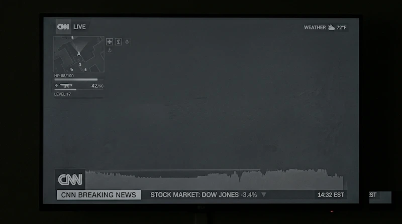 OLED screen burn-in: permanent ghost images of a taskbar and HUD elements visible across the display surface