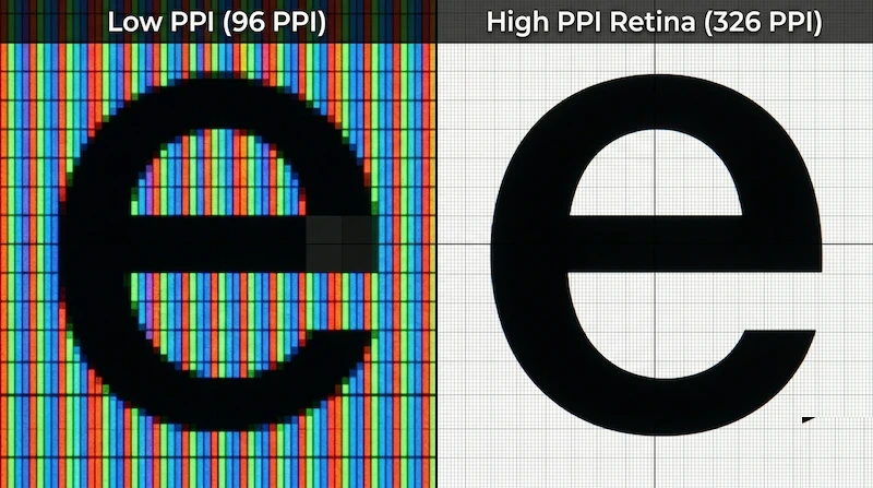 Macro comparison showing pixelated text on a low PPI monitor versus smooth text on a high PPI retina display