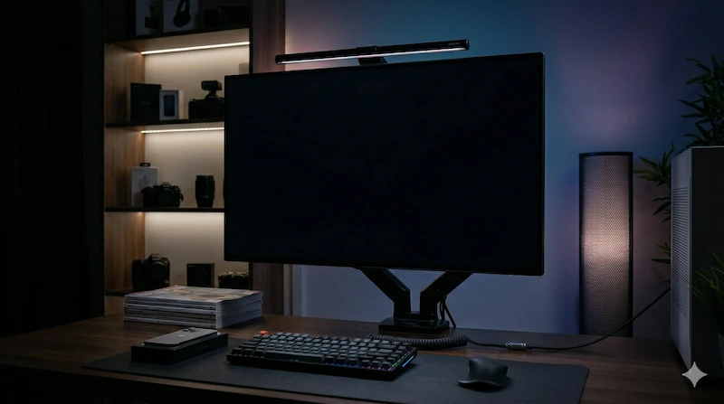 A sleek computer monitor displaying a pure pitch-black screen in a dimly lit gaming room