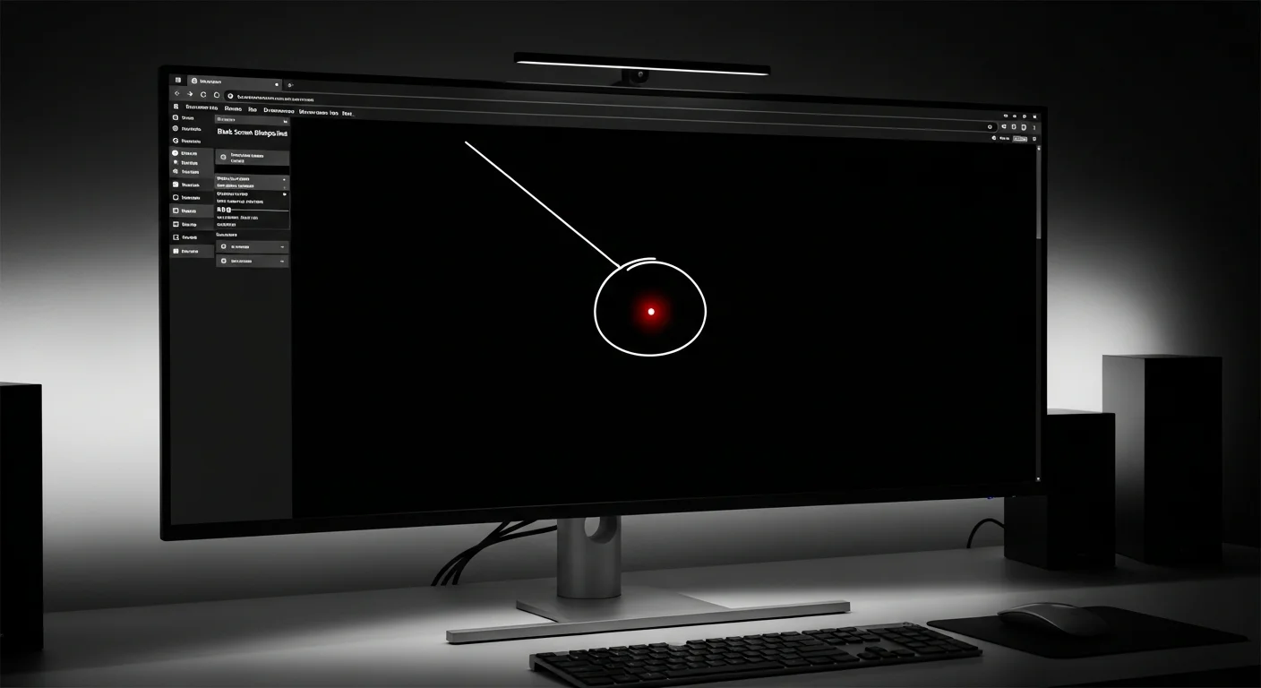 A monitor displaying the BlackScreen.live display test tool showing a stuck pixel identified on a pure black background — the type of screenshot that supports an RMA claim