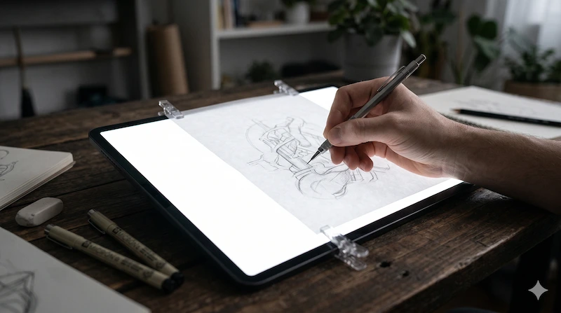 A tablet displaying a pure bright white screen being used as a tracing light box by an artist on a dark desk